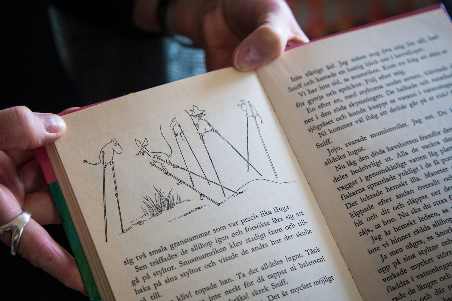 - Tässä näkyy tavallaan kaksi Muumipeikkoa, mutta toinen näistä Niisku, Tove Slotte esittelee kirjan kuvitusta.