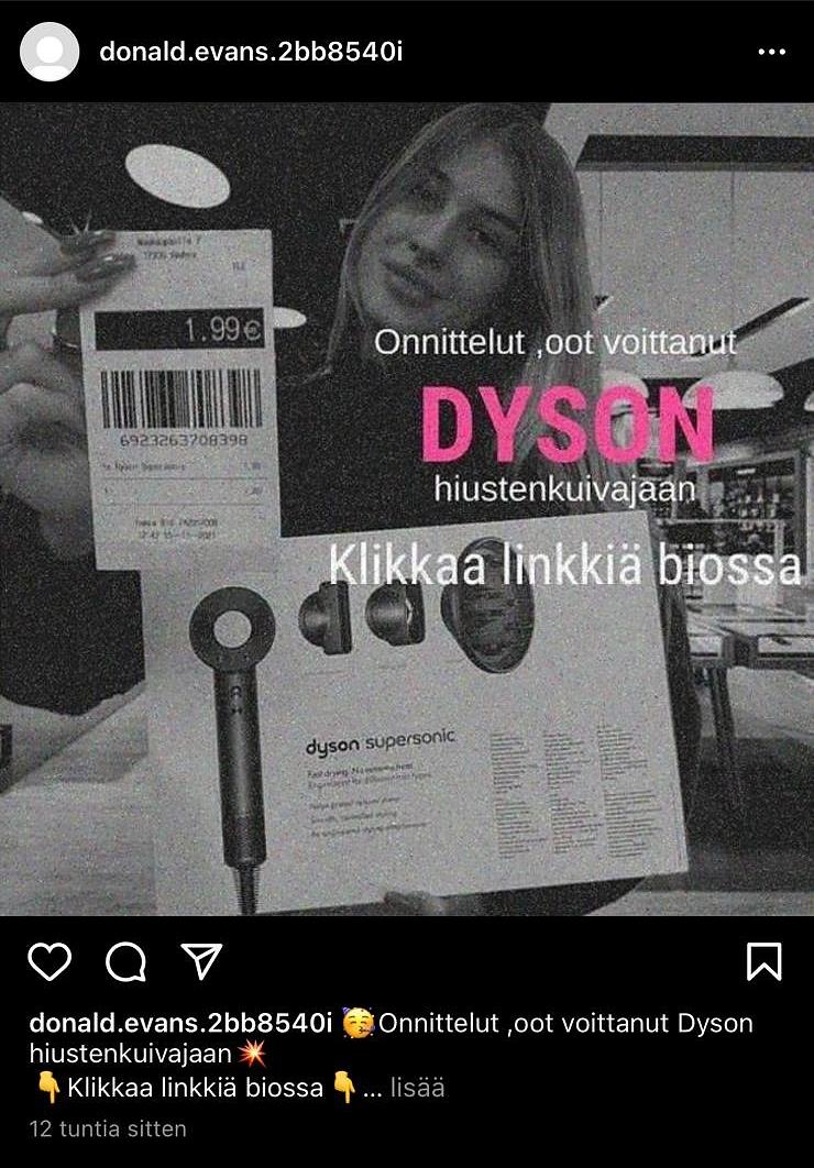 Huijauksessa kerrotaan, että käyttäjä olisi voittanut hiustenkuivaajan.