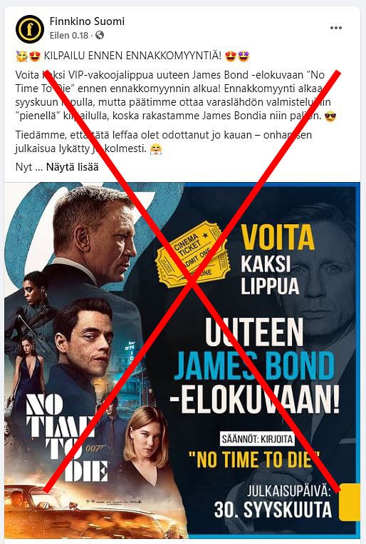 Finnkinon julkaisema kuva huijausviestistä.