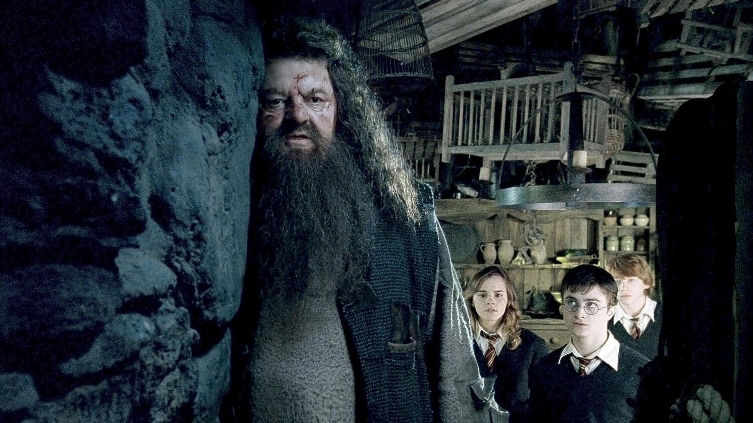 Robbie Coltrane Hagrid-hahmossaan kuvassa vasemmalla.