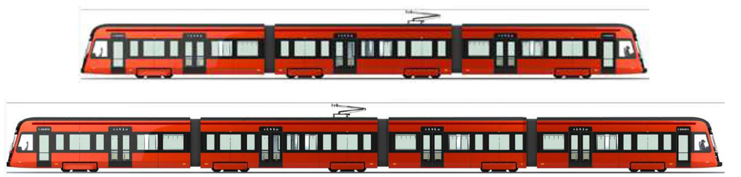 Havainnekuva nykyisestä ja tulevasta, pidemmästä raitiovaunusta.