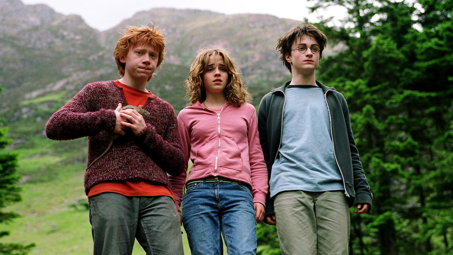 Rupert Grint, Emma Watson ja Daniel Radcliffe nuorina Harry Potter -elokuvissa.