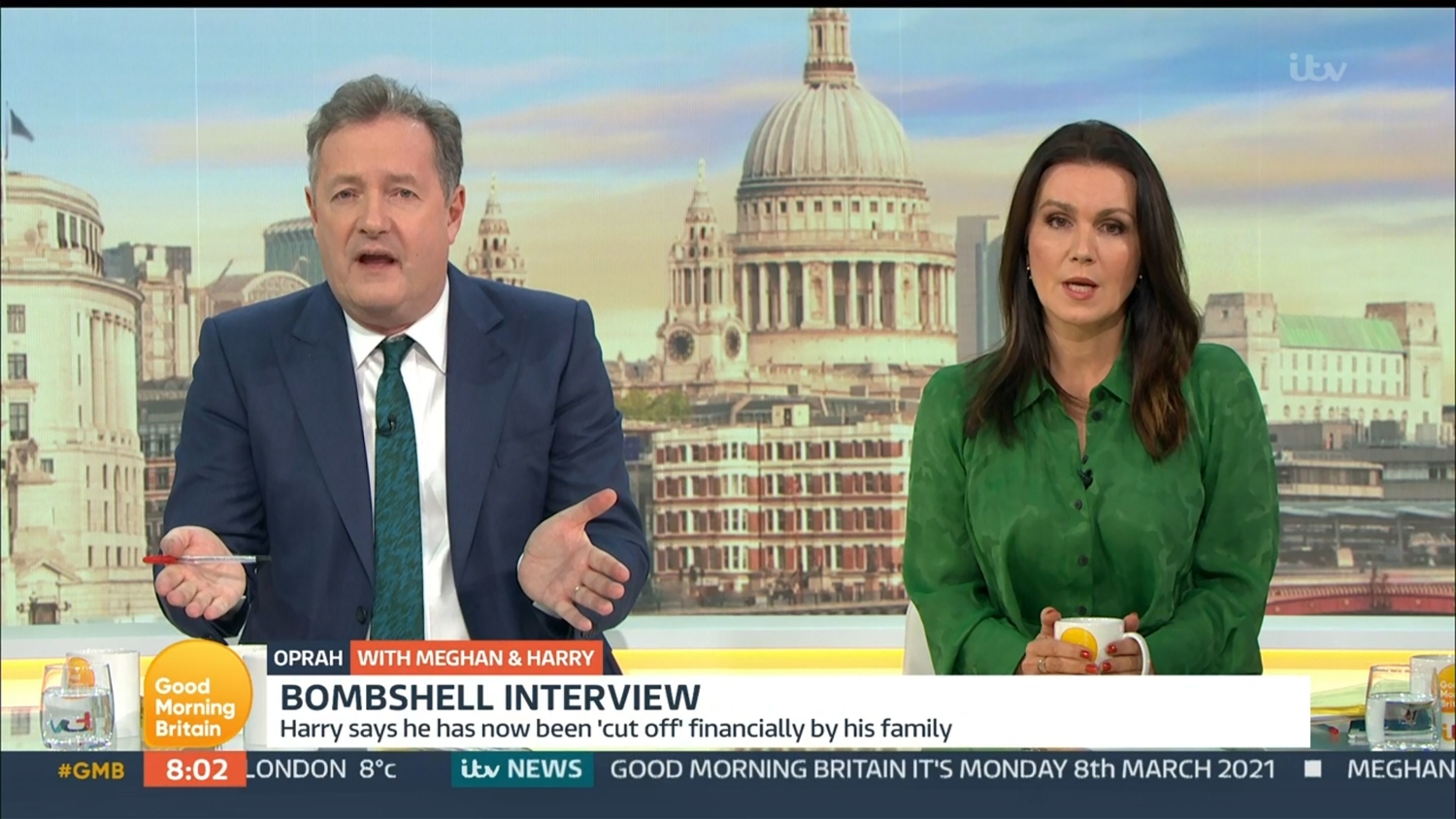 Piers Morganin kommentit Good Morning Britain -ohjelmassa ovat herättäneet paljon pahennusta. Kuvassa miehen vierellä entinen juontokollega Susanna Reid.