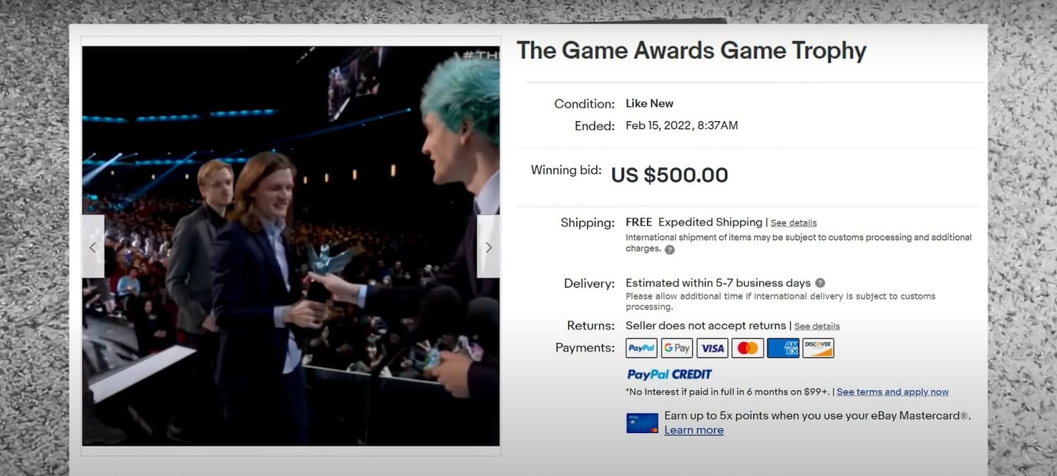 Tubettaja PrestigelsKey näytti videollaan kuvakaappauksen The Game -gaalan palkinnon myynti-ilmoituksesta.