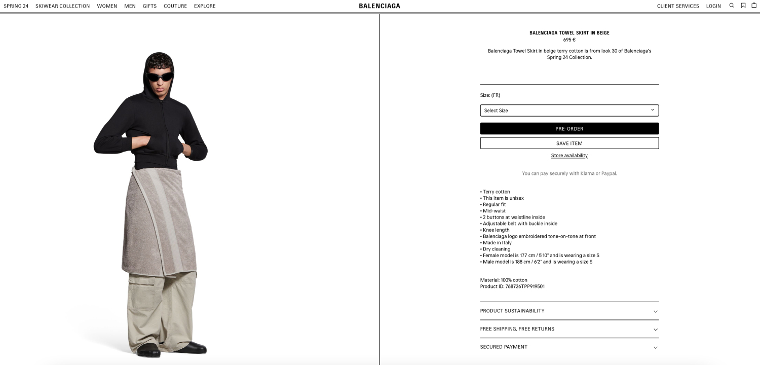 Kuvakaappaus Balenciagan verkkosivulta.