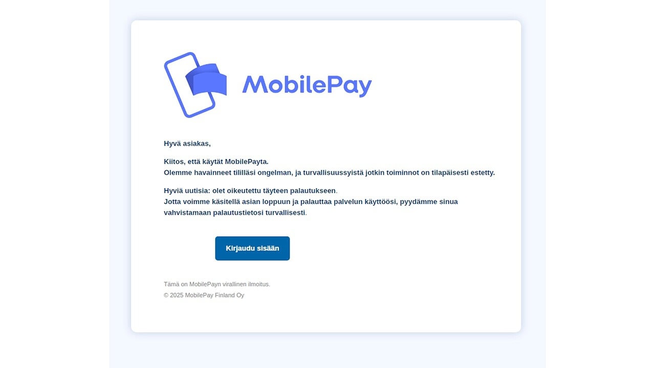 Tältä viesti näyttää.