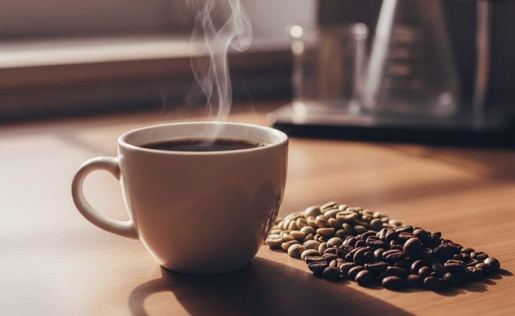 Lähikuva tuoreesta Arabica-kahvikupista, jonka vieressä on raakoja kahvipapuja. Tutkimus paljasti paahdetun kahvin terveyshyödyt verensokerin hallinnassa.